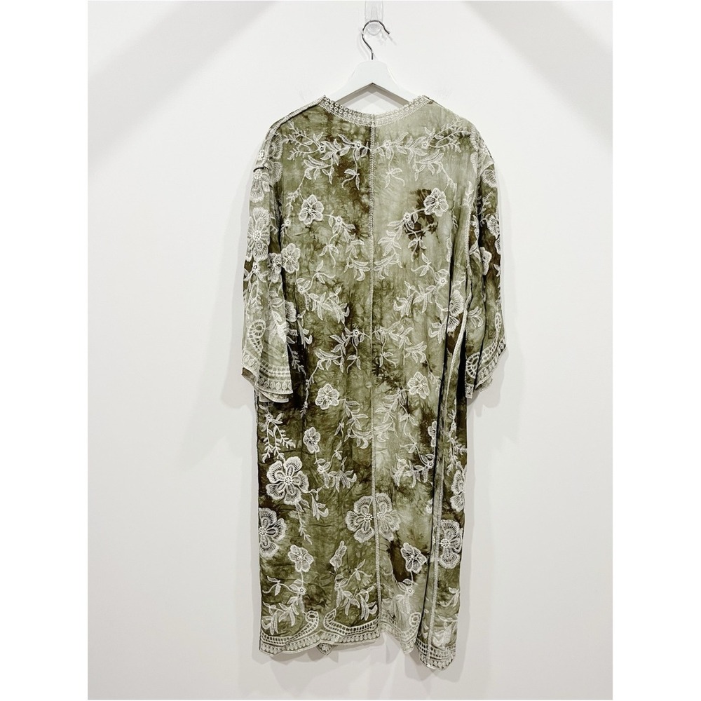 Raj Emery Embroidered Duster Kimono Olive Green White Floral Lace One Size - Picture 10 of 10